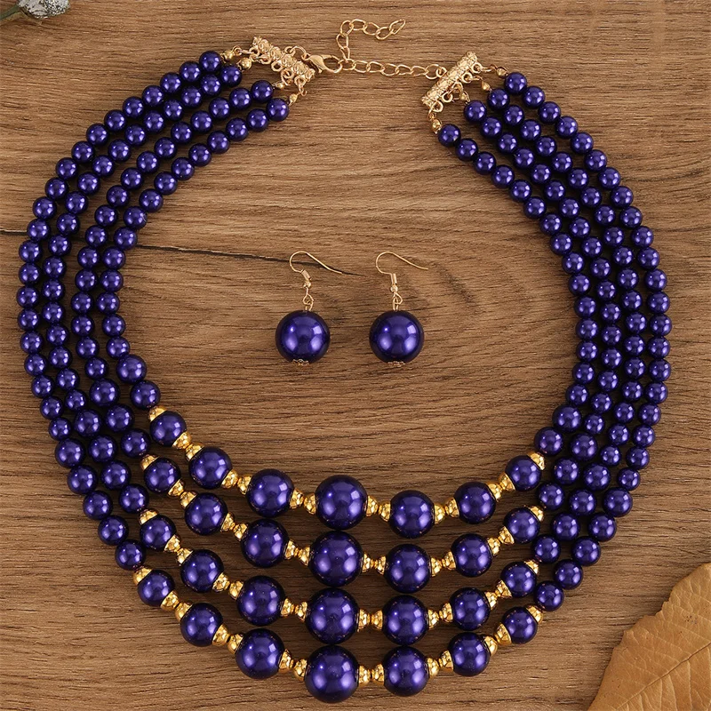 Multi-layer Bridal Wedding Jewelry Sets Women Blue Plastic Beads Necklace Earrings Set African Beads Jewelry Set Gifts