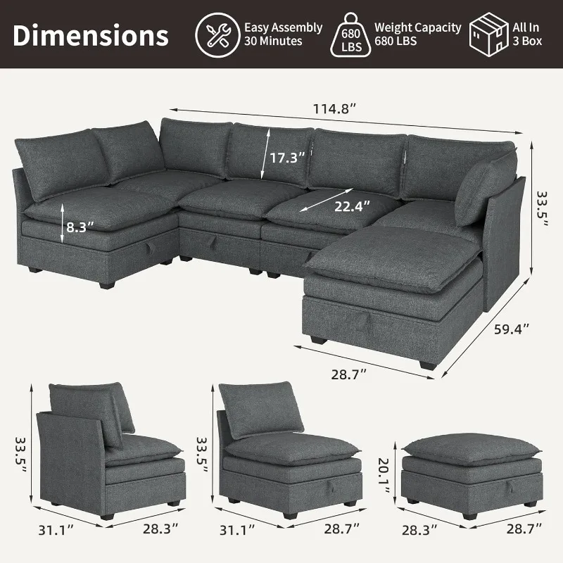 Large Sectional Couches for Living Room, Modular Sectional Sofa Couch Set, Convertible U/L Shaped Sofa Couch with Storage, Cloud