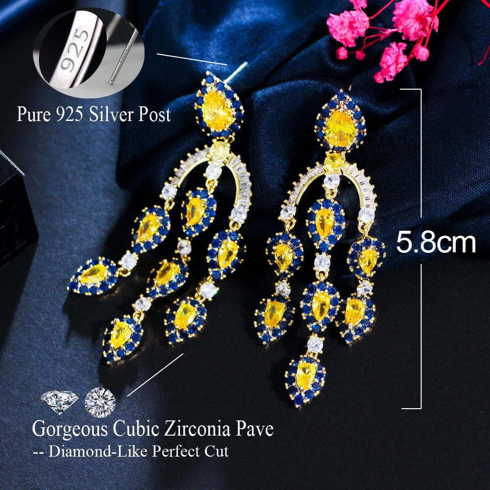 ThreeGraces Classic Yellow Blue Cubic Zircon Long Water Drop Tassel Earrings for Women Luxury Bridal Wedding Jewelry E1743