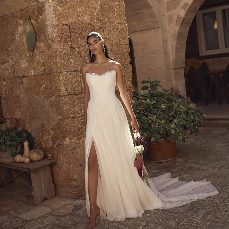 Sexy Wedding Dress Slit A Line Organza With Embroidery Ball Gown V-Neck Backless Sleeveless Bridal Vestido De Novia Customized