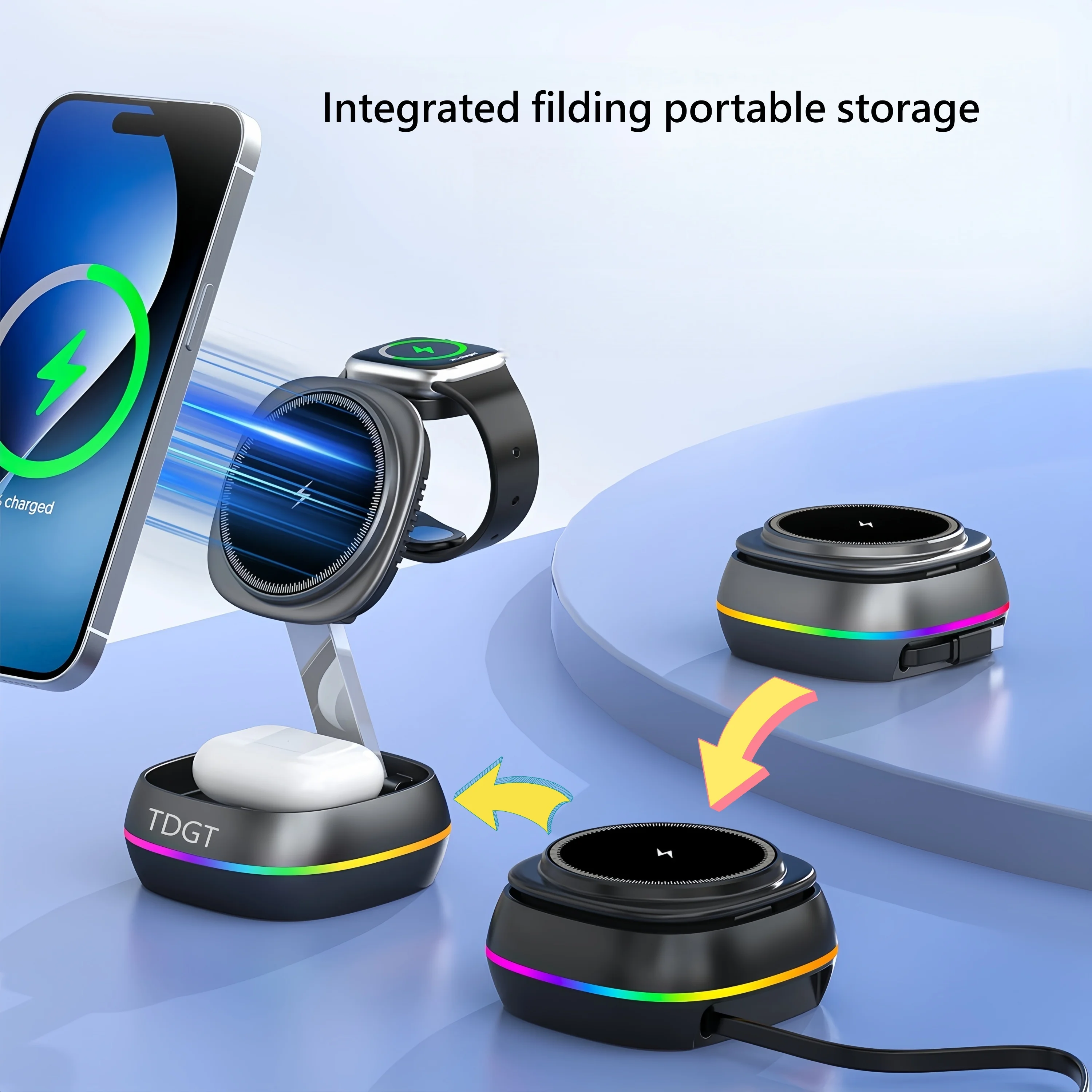 TDGT 3 في 1 شاحن لاسلكي بزر لمس مغناطيسي لساعة الهاتف Airpods قاعدة شحن سريعة