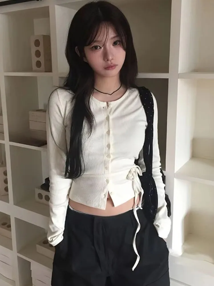 Women T Shirts Bandage Long Sleeve Slim O Neck Fashion Single Breasted Vintage Y2k Aesthetic Harajuku Crop Tops Female