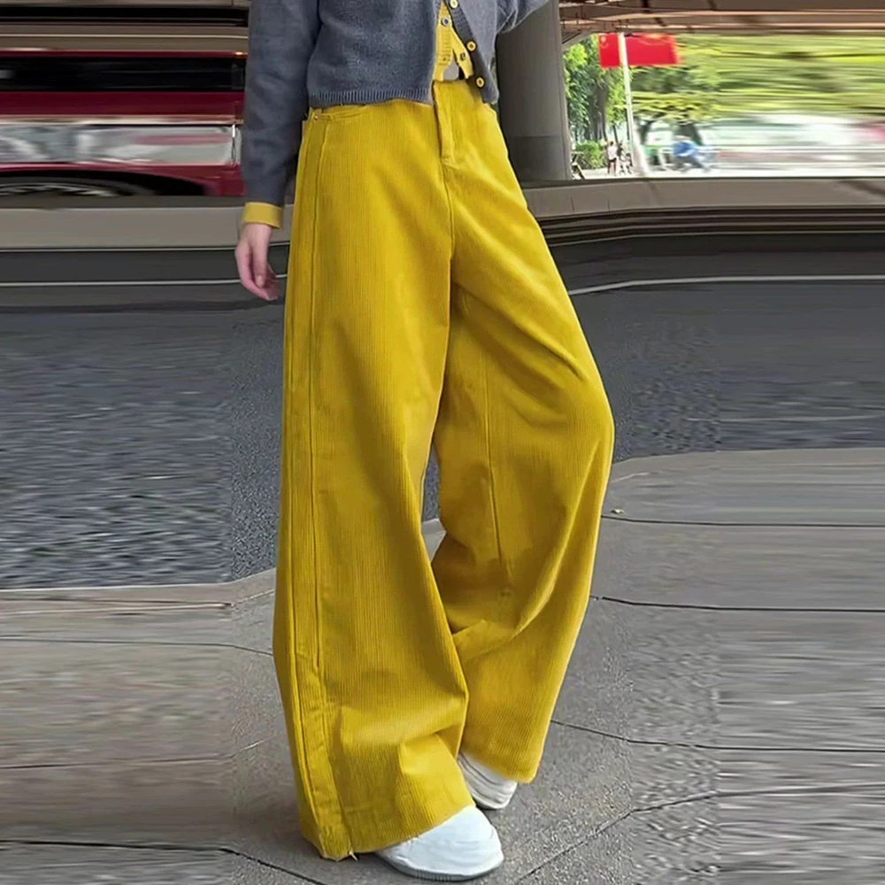 Pantaloni a gamba larga in velluto a coste giallo diamante pantaloni da pavimento slim a vita alta larghi dritti per bambini 2025 nuovi