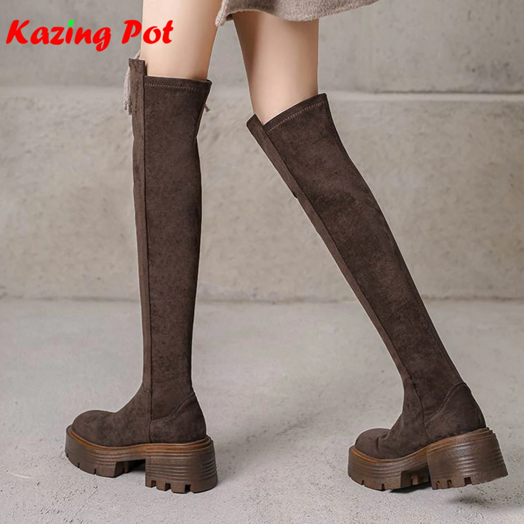 

Krazing Pot Flock Chunky High Heels Round Toe Stretch Long Boots slip on Elegant Modern Platform superstar Over-the-knee Boots
