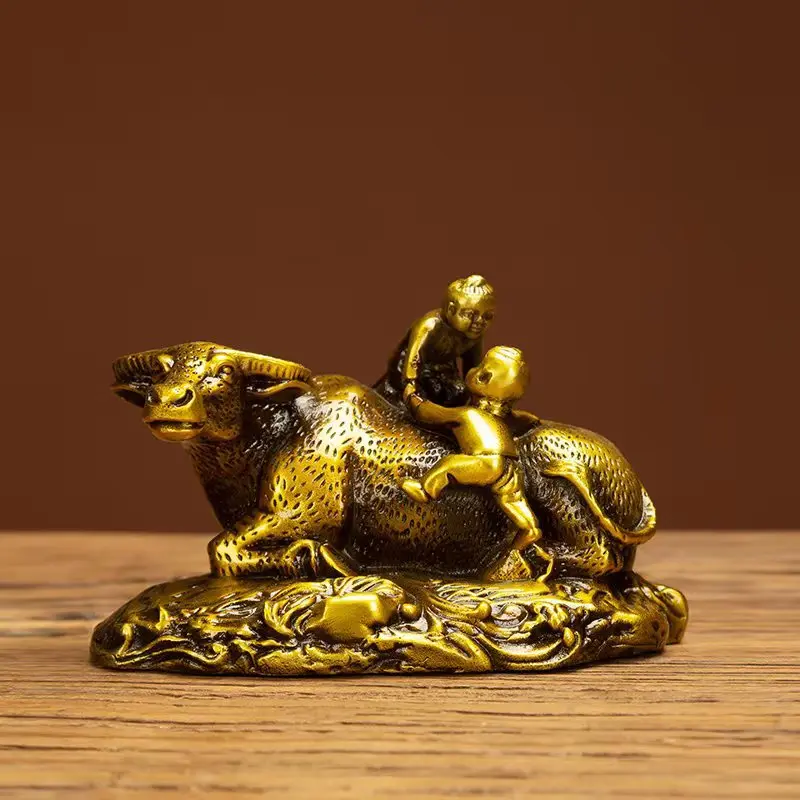Brass boy riding a cow, bronze cow boy, shepherd boy riding a cow, auspicious decorative ornament for home entrance, bronze craf