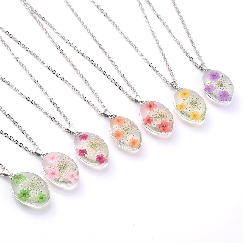 Oval Real Dried Flower Petal Glass Alloy Chain Necklace Daisy Hibiscus Blossom Inside Dangle Pendant Necklace for Women Gift