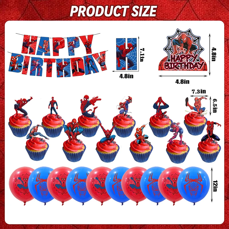 34pcs Spiderman Balloons Set Super Hero Themed Party Paper Banner Cake Toppers Baby Shower Kids Boys Birthday Party Decorations