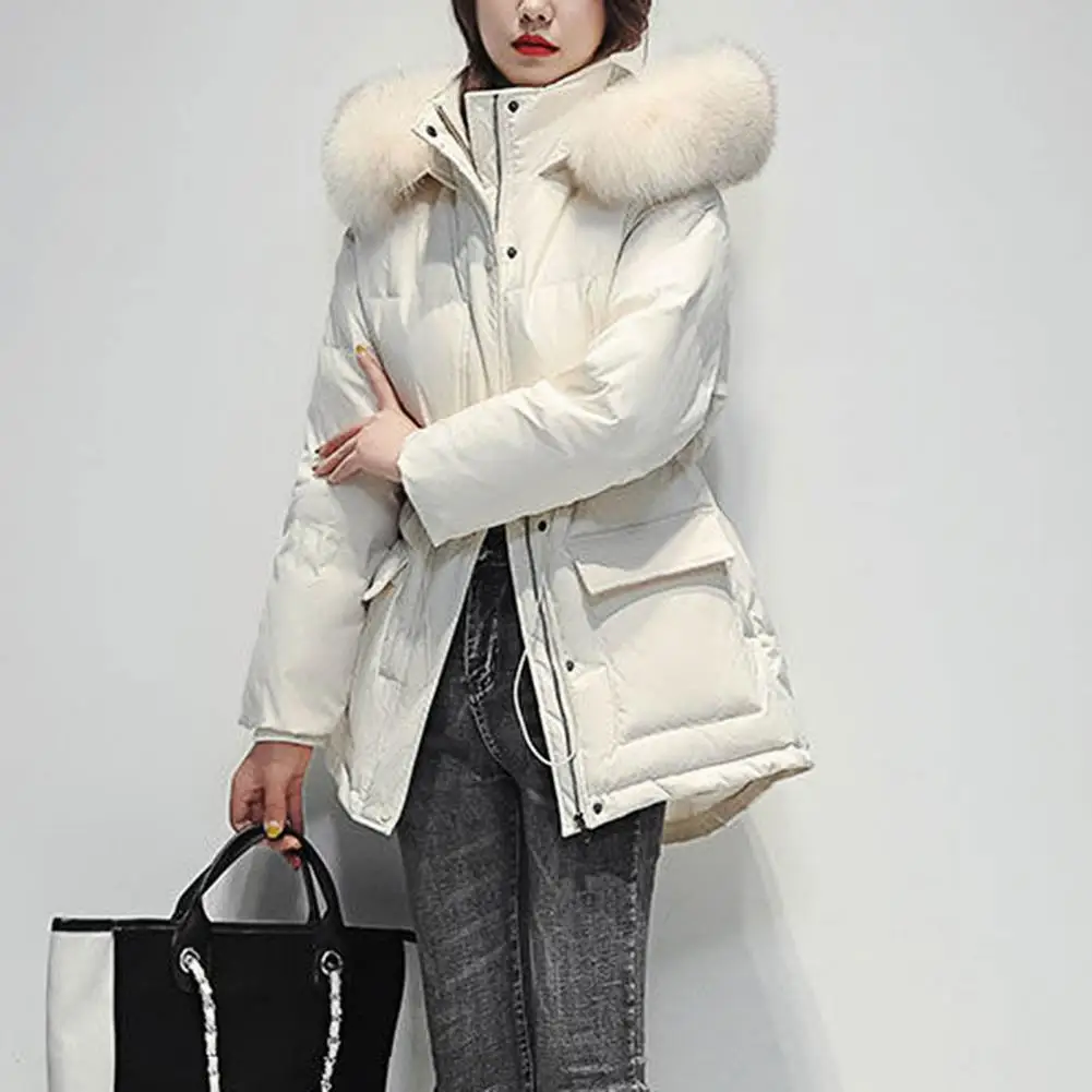 

Winter Cotton Coat Padded Plush Furry Hat Hooded Long Style Cold-proof Solid Color Long Sleeves Lady Warm Parkas Coat Jacket