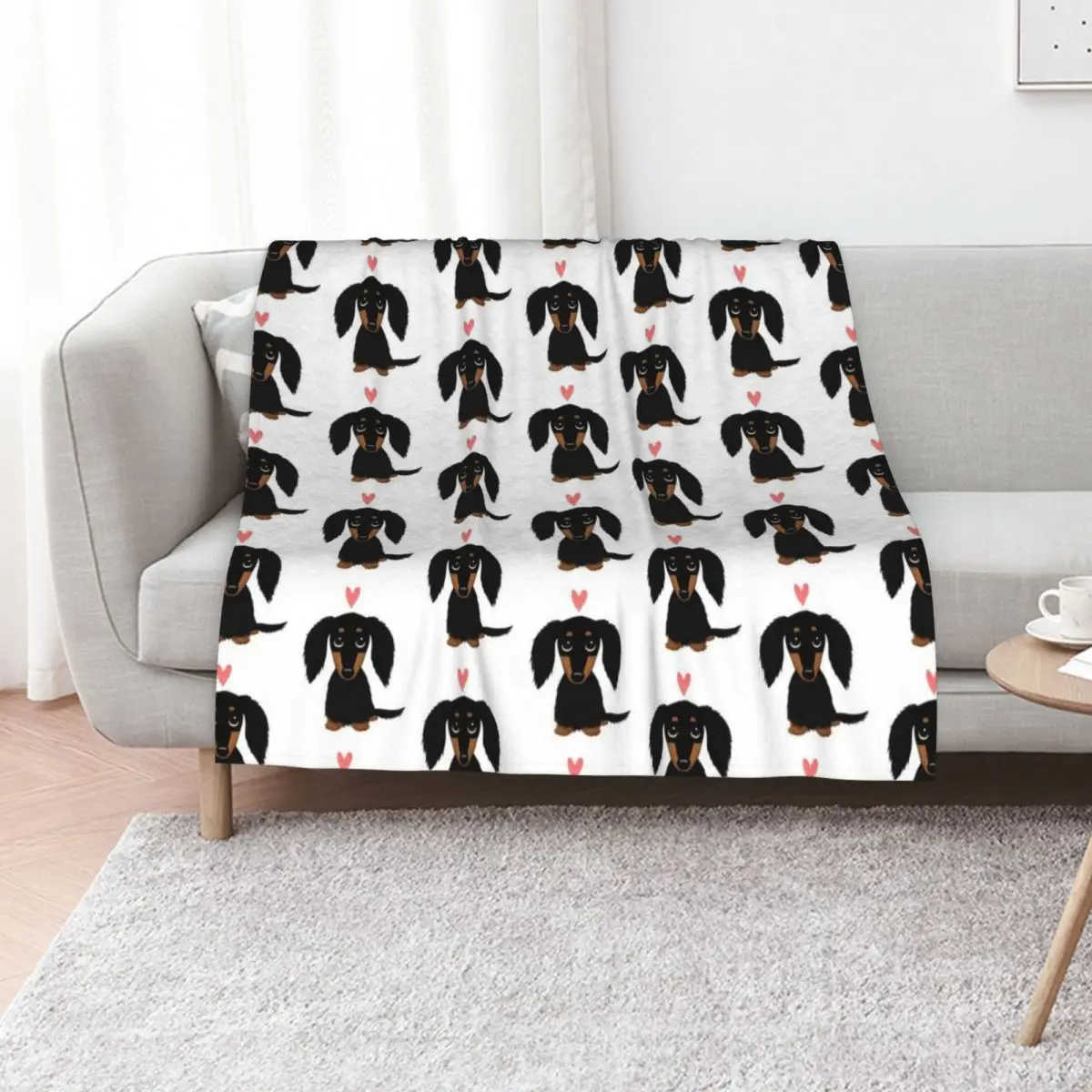 Black and Tan Longhaired Dachshund Cartoon Dog with Heart Throw Blanket Comforter For Sofa Thin Bed Furry Blankets