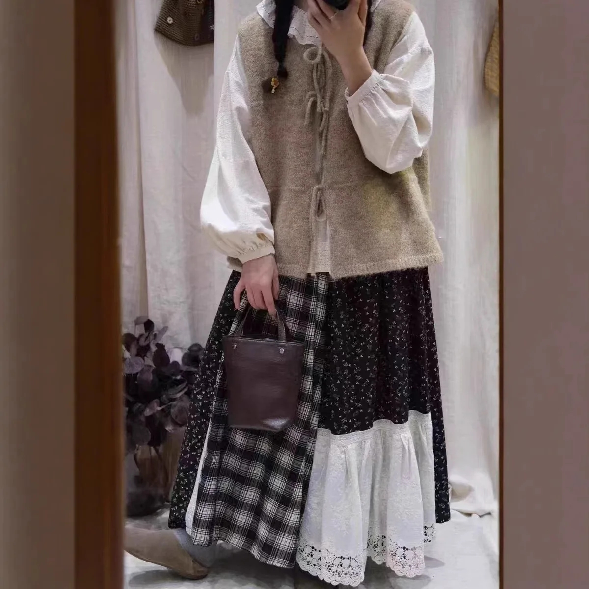 TIYIHAILEY Cotton Patchwork Plaid Long Maxi Skirts Elastic Waist A Line Autumn Winter Thick Fleece New 2025 Ladies Printed