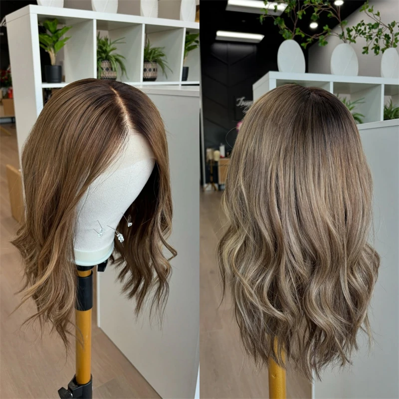

13x4 Ombre Коричневый Блондин Синтетический Парик Фронта Шнурка Волна Боб Готовые к Ношению Парики для Женщин Высокое Качество Натуральные Предварительно Сорванные Волосы