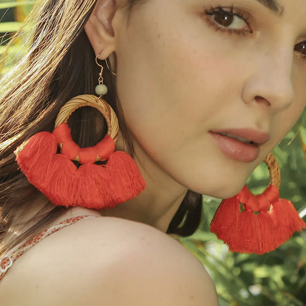 Women Fashion Hand-knitting Rattan Tassel Earrings Summer Beach Ladies Hoop Earrings Bohemian Jewelry Holiday