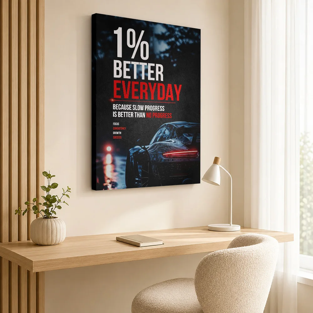 Sports Car Daily Progress Quote Canvas Poster Personalized Photo Typography Wall Art For Office Reception, Entrepreneur Gift