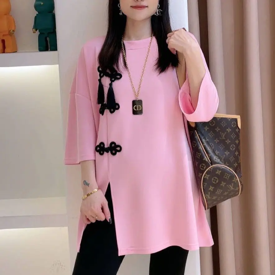 Spring Summer Plus Size New Chinese Women Top, Loose Half Sleeve T‑Shirt with Frog Buttons & Split Hem for Curvy Ladies Blouse