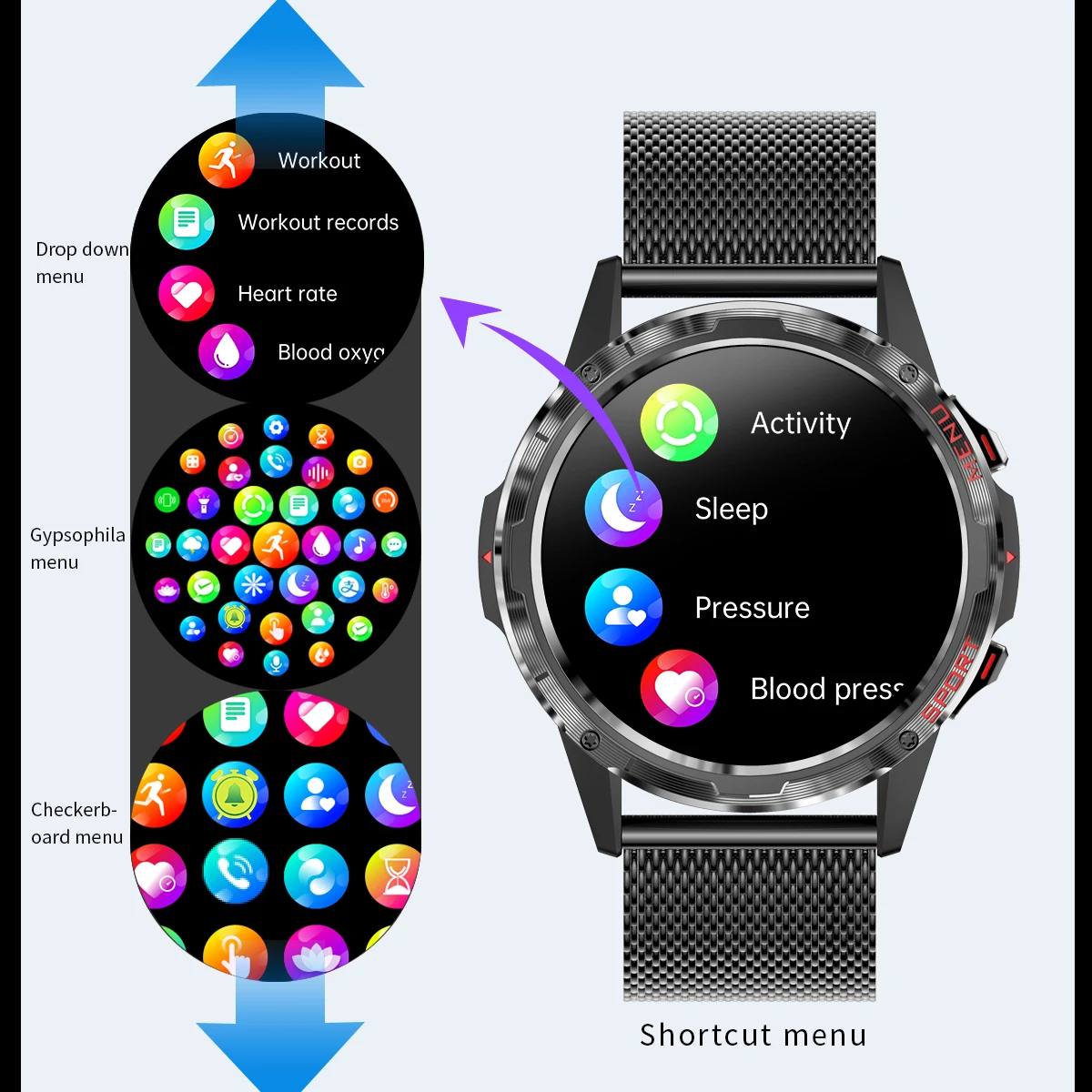 Смарт-часы с синими зубьями, 1,32 дюйма, водостойкие