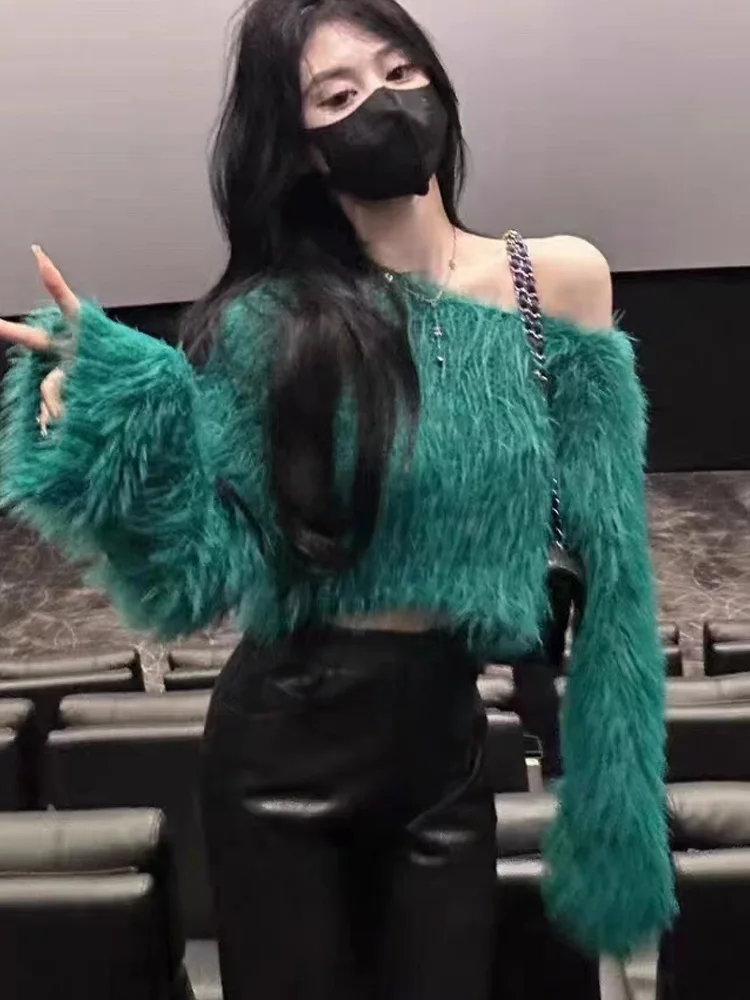 가을 겨울 여성용 긴 소매 오프 숄더 퍼지 스웨터, 푹신한 크롭 풀오버 Y2K 엣지 파티 패션
