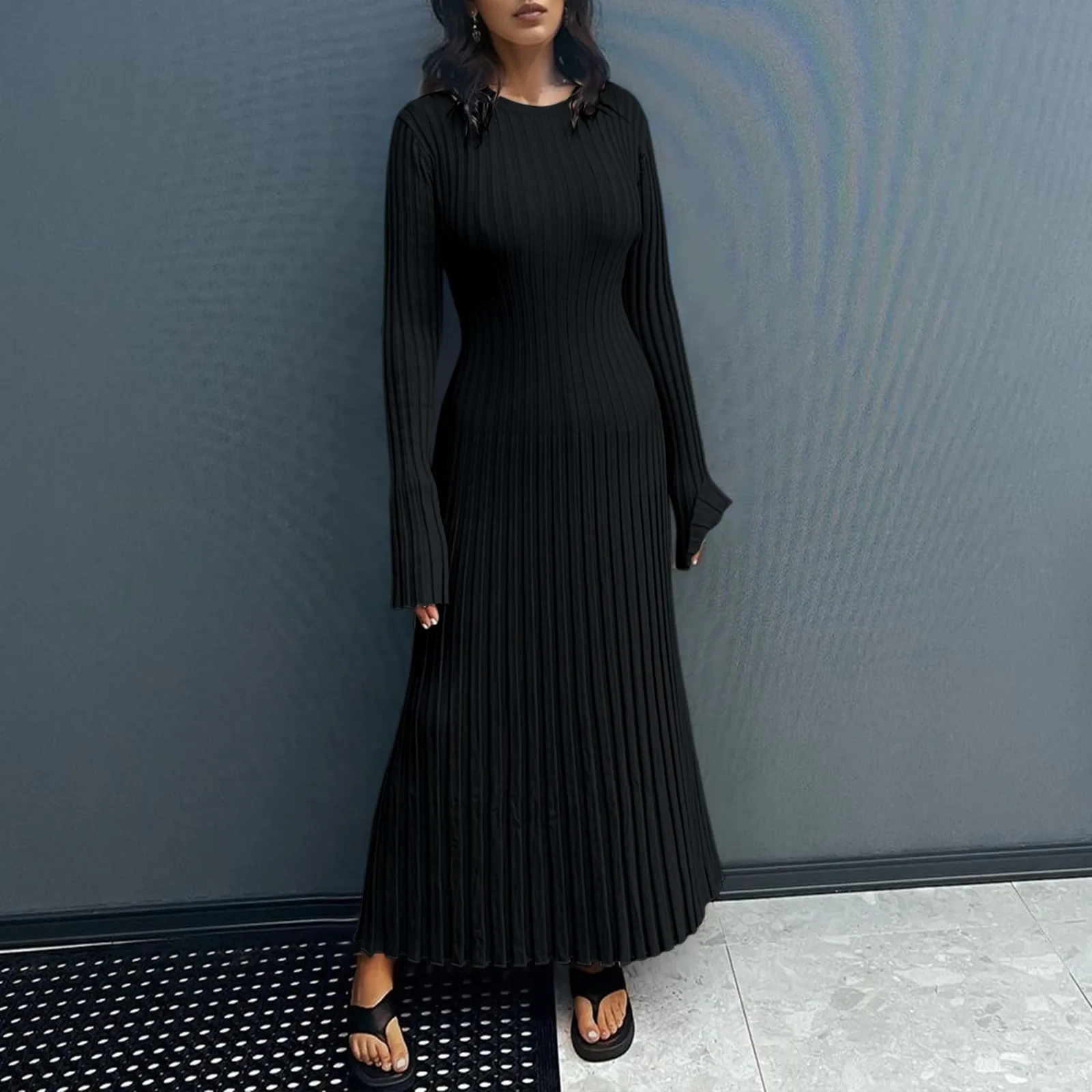 

90 Vintage Tie Waist Solid Dress Women Elegant Ribbed Knit Full Sleeve Maxi Dress Crew Neck Bodycon Pencil Long Dress Streetwear