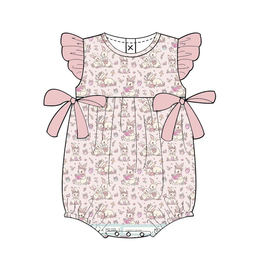 Boutique children's suit pearl bunny bow print baby onesie girl Easter clothing hot sale children's clothing