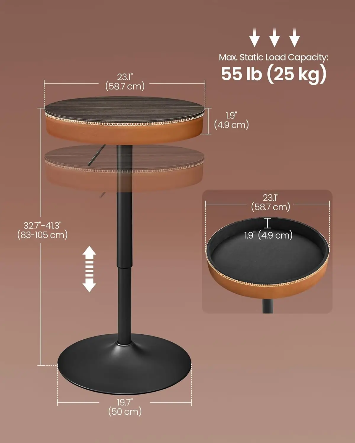 Collection - Height Adjustable Bar Table, Round High Pub Table with Storage, Synthetic Leather with Stitching, Mid-Century Moder