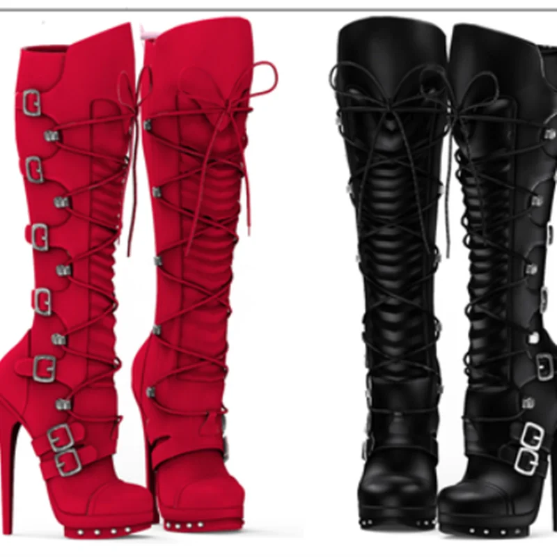 Red Rivet Buckle Lace Up Knee High Boots Thin High Heel Sexy Fashion Cool Winter Casual Big Size Woman Shoes Zapatillas Mujer