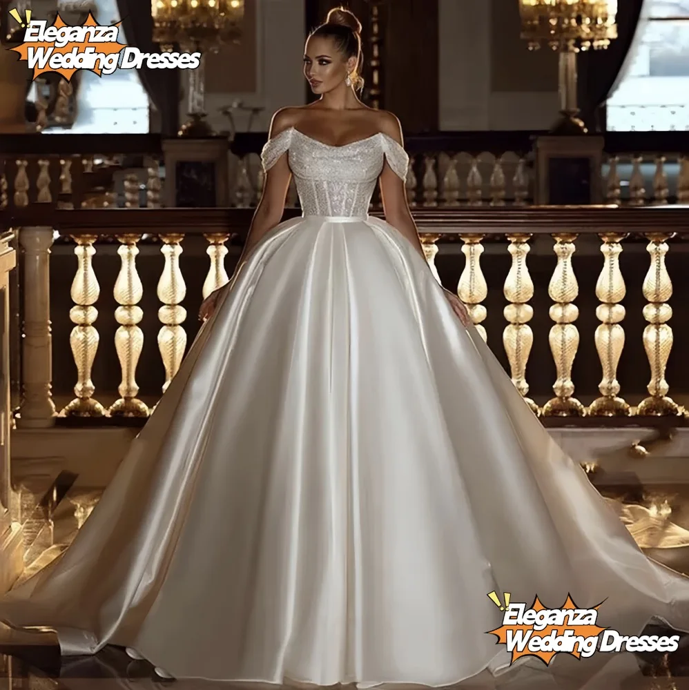 

Customized Arabic Off the Shoulder Wedding Dresses Sequins Beads Princess Women's Bride Gowns Satin Robe Vestidos De Noiva 2025