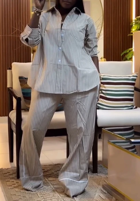 

Two Piece Women's Fashion 2025 Casual Sexy Elegant Sets Womens Outfits New Fashion Collar Loose Striped Shirt Wide Leg Pants Set