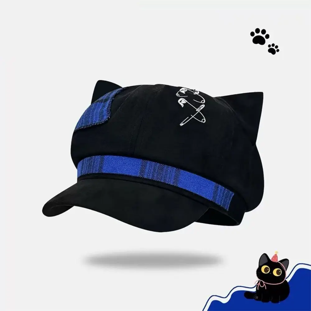 Vintage Thin Brim Cat Ears Beret Hat Y2K Spice Girl Painter Artist Cap Punk Irregular Plaid Octagonal Hat Girls