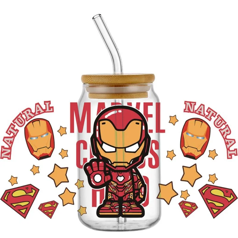 Miniso 3D UV  DTF Cup Wrap Superhero Decal Transfer Sticker for 16oz Libbey Glass DIY Waterproof Mug Sticker