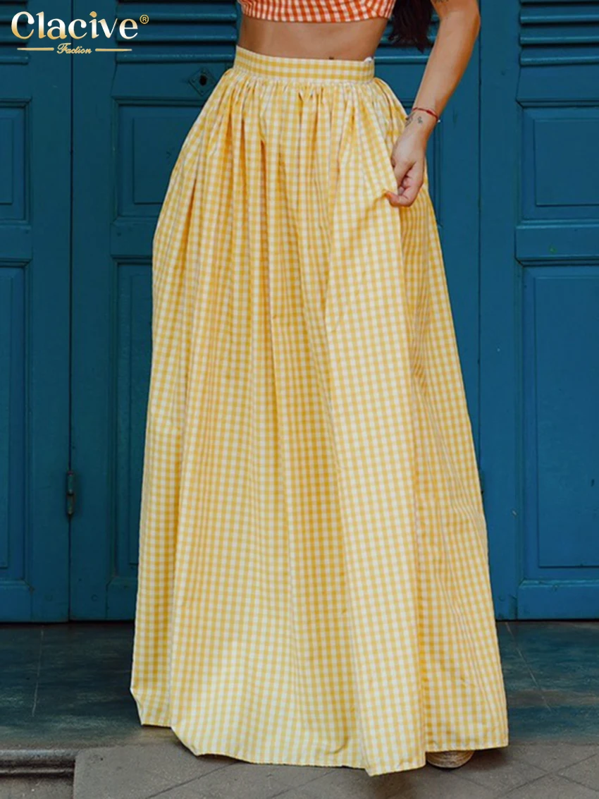 

Clacive Fashion Loose Yellow Plaid Women Skirt 2025 Casual High Waist Maxi Skirts Elegant Classic Pleated Skirt Female Clothing