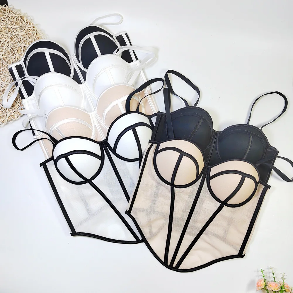 Sexy Fishbone Mesh Tube Top Backless Design Color Block Waist Cinched Pure Desire Women's Blouse Thin Summer Fabric