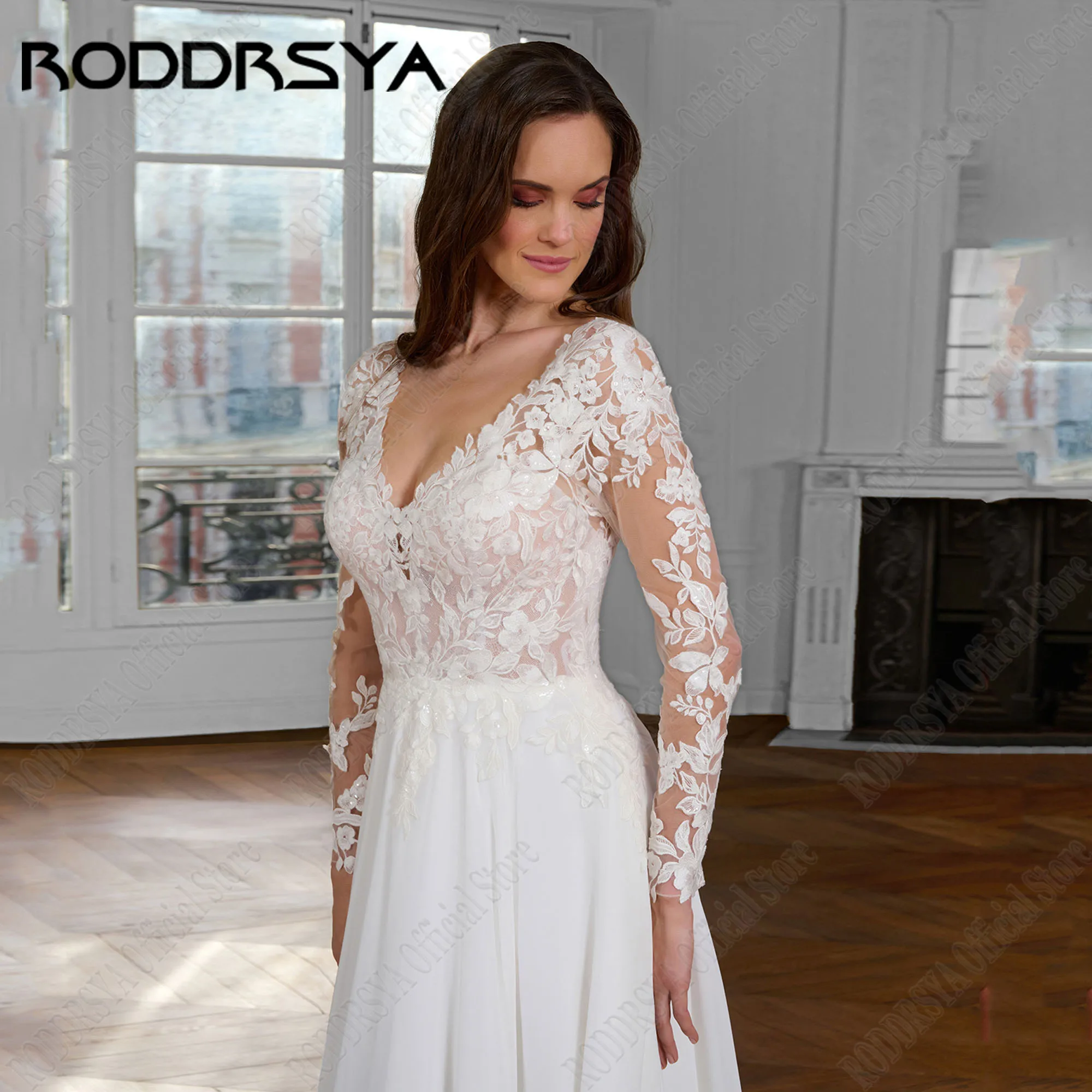 RODDRSYA Chiffon Wedding Gowns For 2025 Bride Applique Illusion Back Boho Wedding Dress Long Sleeves Bride Gown Customized