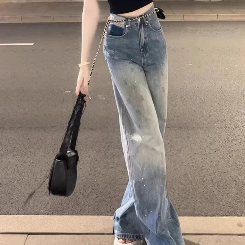 Gradient High Waist Shot Womens Jeans Straight Leg Denim Pants for Women Retro Fashion Casual Harajuku Stretched Hippie Trousers