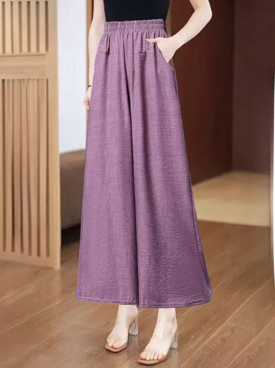 Primavera outono solto calças de perna larga feminina drapeado versão fina calças casuais cintura alta elástica poliéster calças casuais