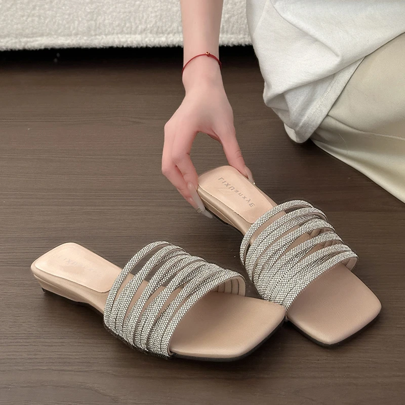 

Elegant Women Multi Strap Rhinestone Wedge Low Block Heel Slides Casual Summer Open Toe Mules Sandals Slippers Shoes for Ladies