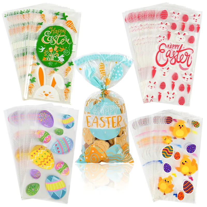 50Pcs Easter Candy Gift Bags Cute Bunny Eggs Cookie Gift Packing Plastic Bags For Happy Easter Home Decoration Kids Easter Gifts