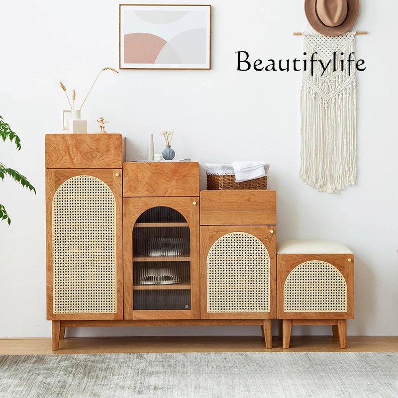 

Nordic Solid Wood Shoe Cabinet Household Aisle Hallway Rattan Cabinet