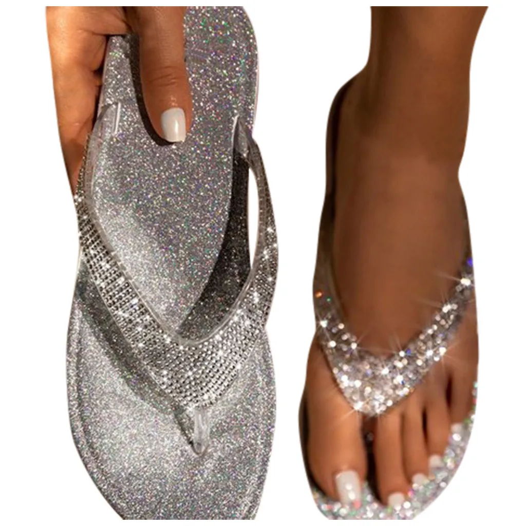 Women Flip Flop Slippers Slides Bling Rhinestone Ladies Shoes Casual Summer Flat Female Crystal Glitter Plus Size Slides 2024