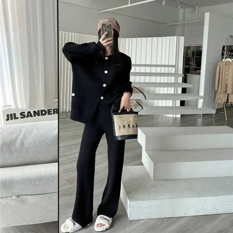 Elegan Knitwear celana denim lembut Sweater Cardigan atasan setelan Knit lebar kaki pantalon Conjunto kasual rajutan dua potong Set