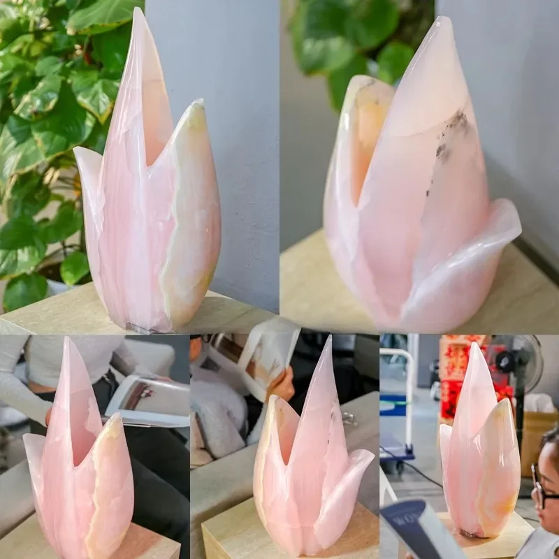 Lobby decoration pink jade agate vase utensils tulip sculpture block rose quartz marble handmade collection design