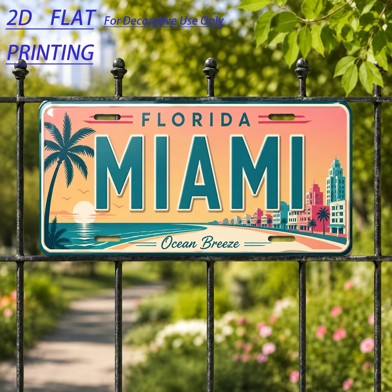 2D Flat, [2D Flat] 2D Flat, 1pc, for Decoration Only, Metal Aluminum Vintage License Plate Decorative Sign, Miami Theme, Suit