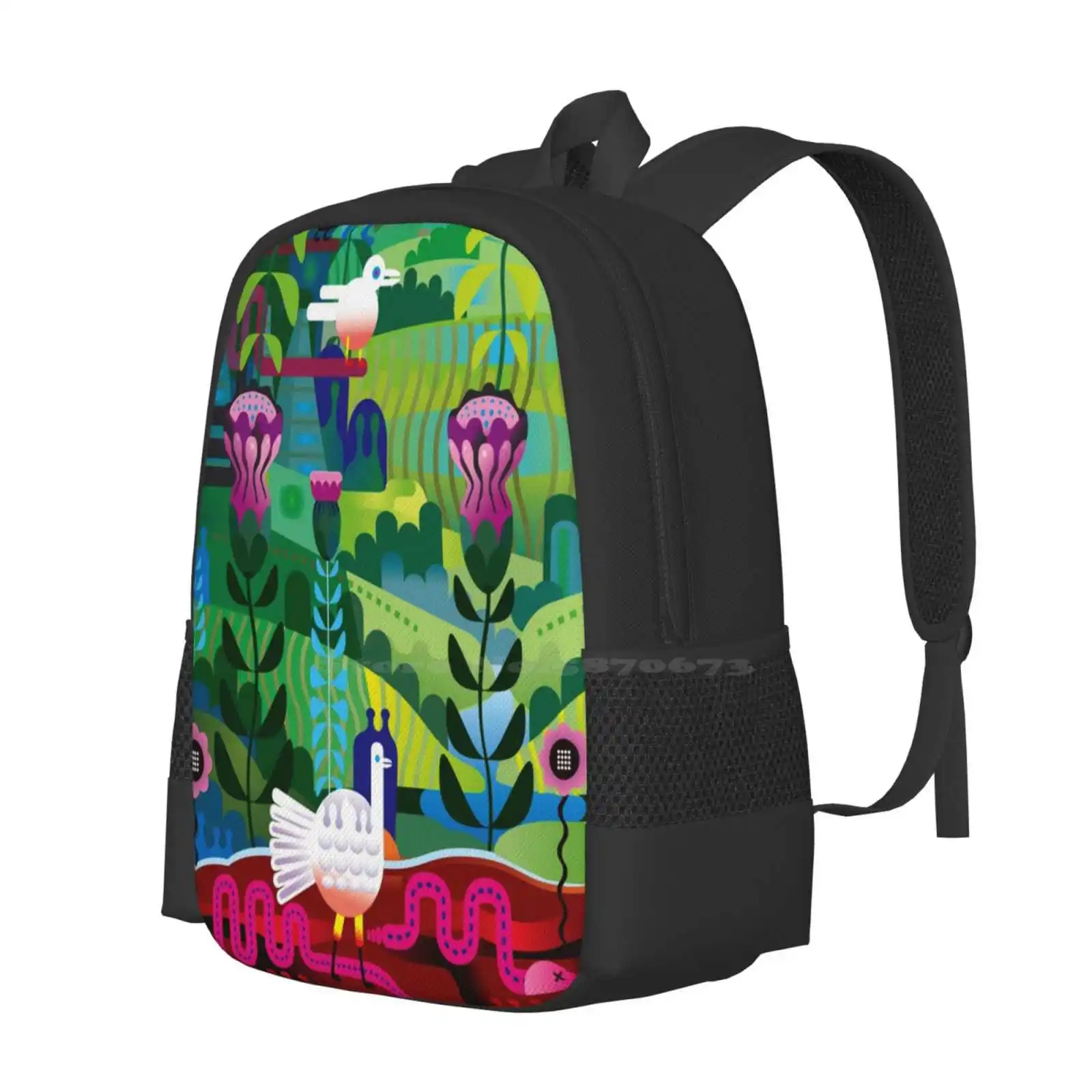 First Spring Pattern Design Bag Student'S Backpack Garden Landscape Snake Turkey Green Graphic Vector Contemporary Trees Plants