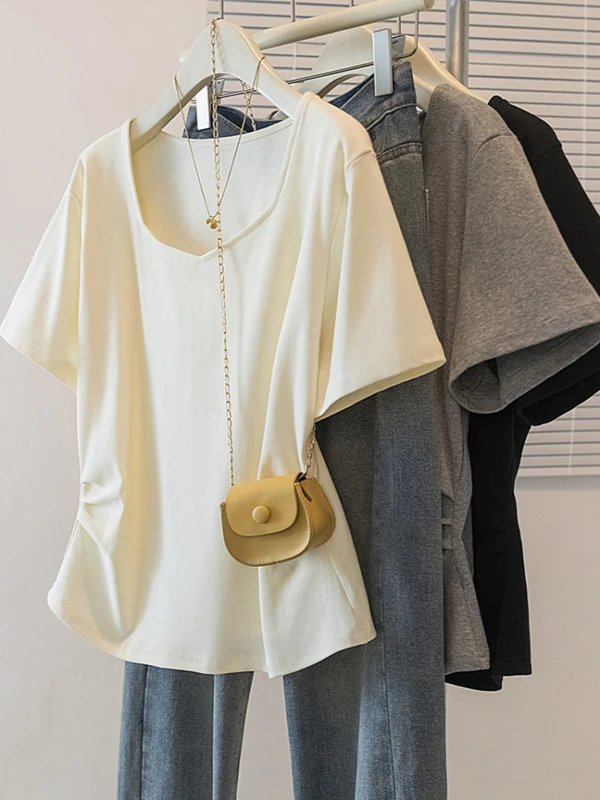 Summer New Women's Square Collar Short Sleeve T-Shirt Ultra-Fold Loose Fit Korean Style Creative Pattern Thin Material