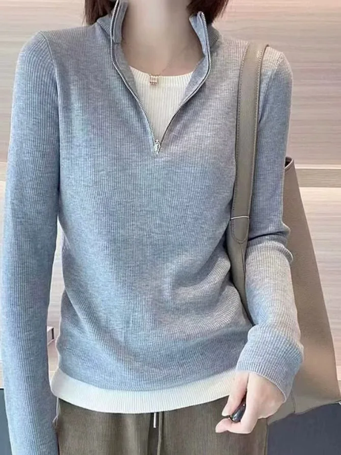 قميص نسائي كاجوال من الكشمير المحبوك بسحاب نصفي وأكمام طويلة، نمط عصري، مزيج صوف ناعم، مقاس منتظم، قطعة علوية أنيقة #2