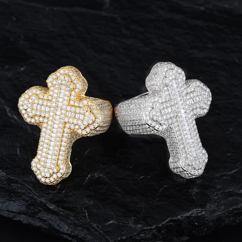 TUHE Unisex Rings Iced Out Baguette Cross Rings S925 Silver VVS1 Moissanite Ring For Men Women Hip Hop Jewelry Gift