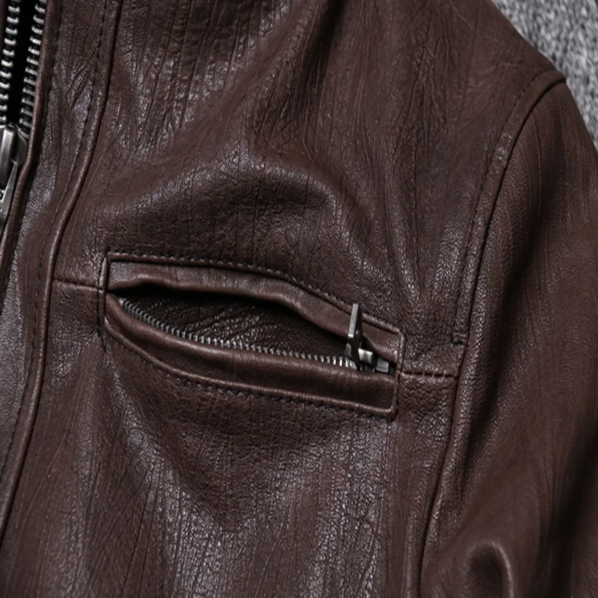 イタリアオイルワックス植物なめし樹皮柄シープスキン本革ジャケットメンズオートバイ立ち襟レザージャケット