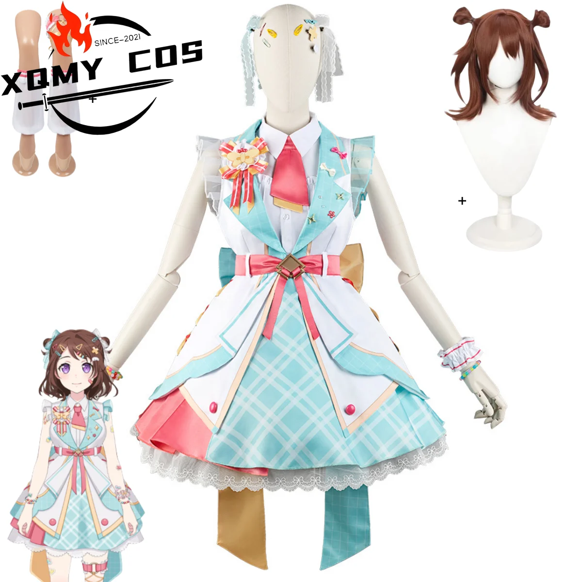 

XQAnime Bang Dream! Костюм для косплея Toyama Kasumi Poppin'Party, розовый, синий, платье принцессы Лолиты, парик, женский сексуальный костюм для дня рождения