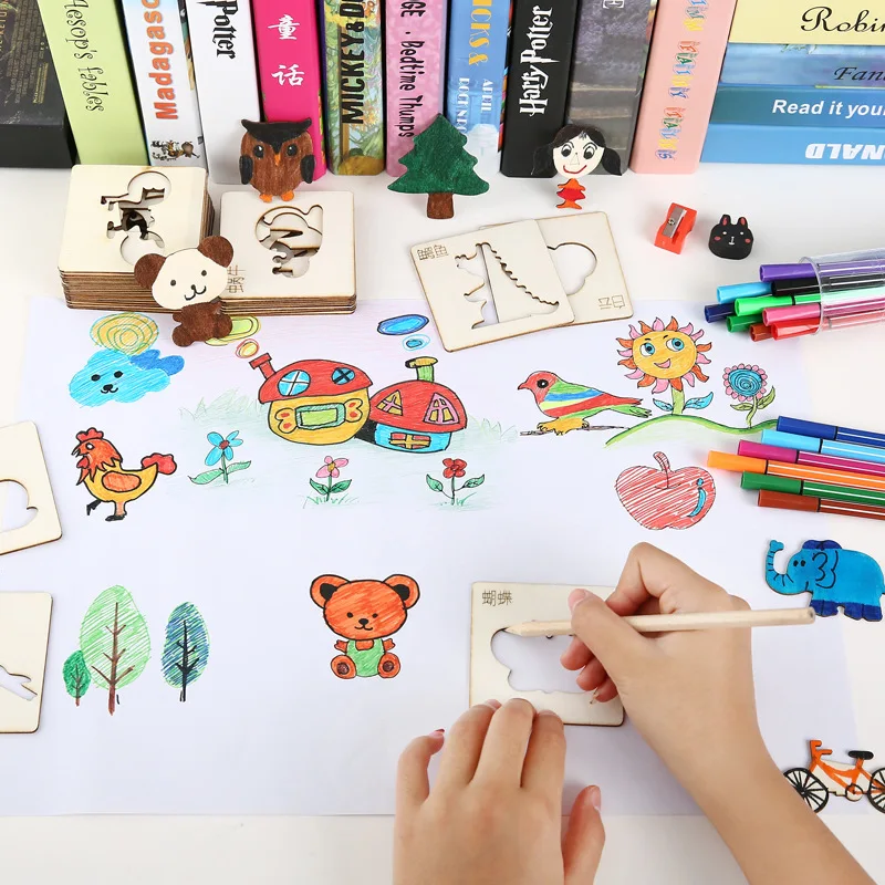 32pcs Montessori Kids Toys Wooden DIY Drawing Template Stencils Learning Educational Painting Graffiti Hollow Wooden Gift Toys