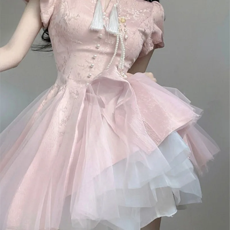 Pink Dress Women's New Chinese Heavy Industry Improved Cheongsam Tassel National Style Bubble Skirt