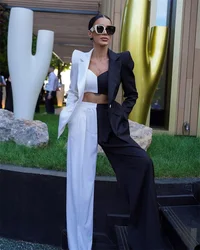 Color Matching Women Suits Blazer Custom Made Black White Patchwork 3Pcs Jacket+Bra Top+Pant Casual Ins Hot Girl Streetwear