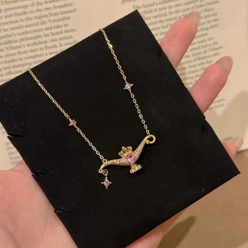 Original Design Stainless Steel Aladdin Magic Lamp Necklace Inlay Pink Tourmaline Heart Gemstone Choker Myth Fairy Pinky Jewelry